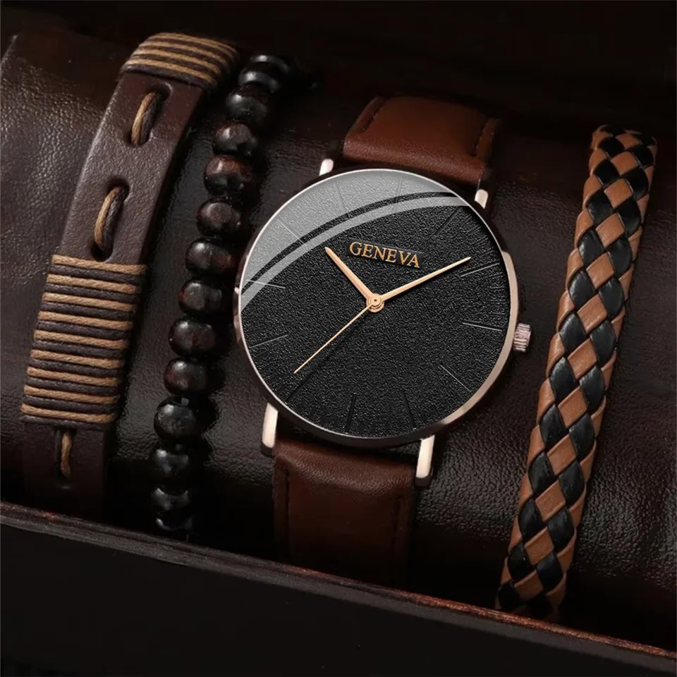 Noví muži sledujú luxusný náramok set módne biznis hnedá koža Quartz zápästie Watch for Men