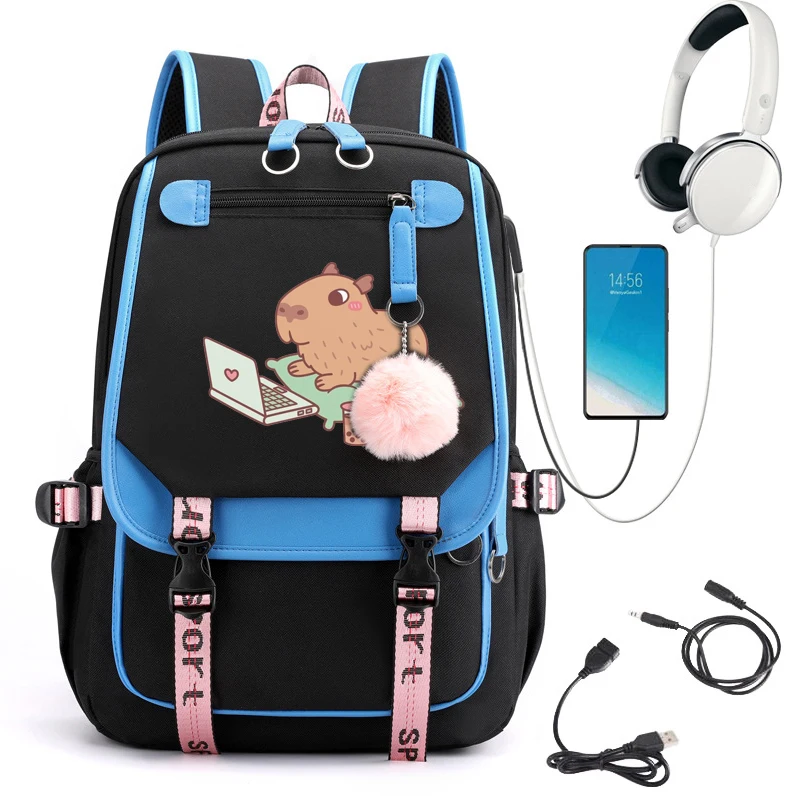 Noví vysokoškolskí študenti batohové batohy Trendy Girls Laptop School tašky Roztomilé chladenie Capybara s notebookom a občerstvením dievčatá cestovná kniha Bag