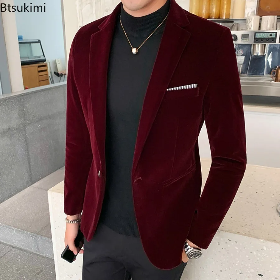 NOVÝ 2025 Pánsky kórejský štýl oblek Luxuty Velvet Blazers Fashion Casual Men Slim Formálne oblečenie Men Malé oblečenie topánky