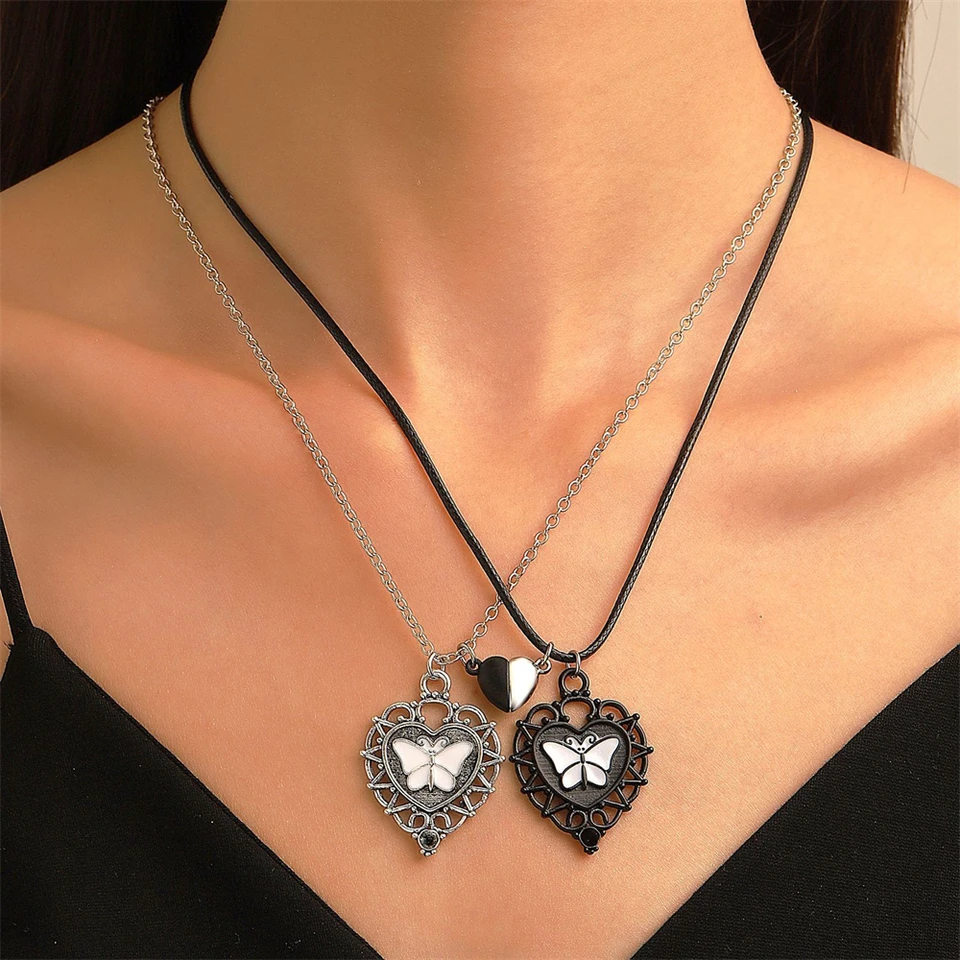 Nový 2ks magnetizmus srdcový prívesok Náhrdelník Olej Kvapkanie motýľa Originality Lovers Romantický choker náhrdelník