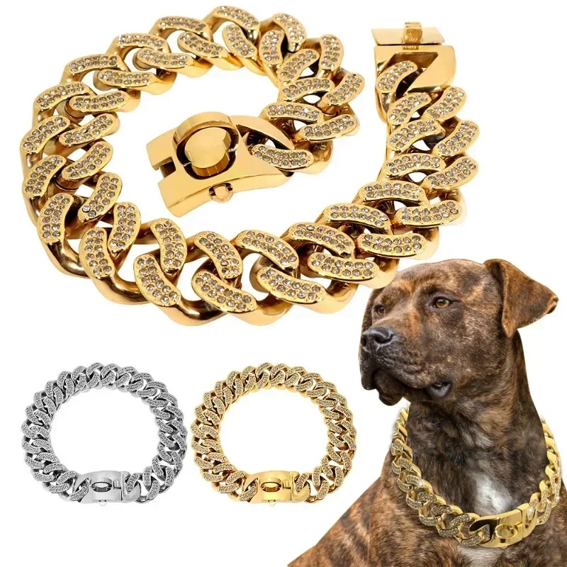 NOVÝ 32 mm psí golierový reťazec diamant vložka Sparkle Bulldog náhrdelník Cat Cat Cat Pet Doplnky malé stredne veľké psy zlaté