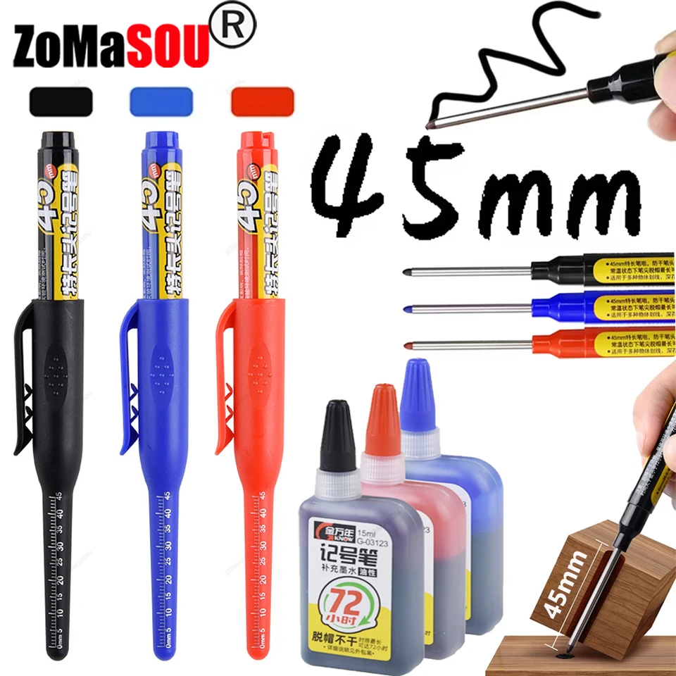 Nový! 45 mm vodotesný dlhý hrot hrotov hlboké diery značky Pen Tile Carpenter Pen viacúčelové pre drevené čierne/modré/červené atrament