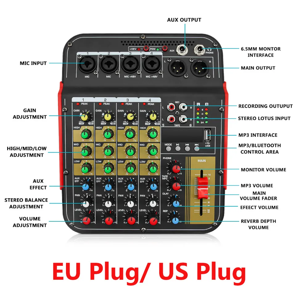 Nový 6-kanálový zvukový mixér Aux Effect Console DJ Mixing 48V Phantom Power USB Zvuková miešačka Konzola EU/US Plug