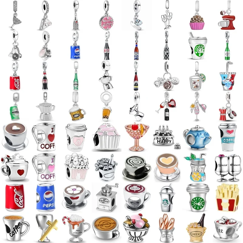 NOVÝ 925 Sterling Silver Coffe Cupu Birthday Cake Fľaša prívesok korálky Fit Original Európske kúzla náramok Jewerly Accessories