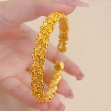 Nový butik Au999 Zlatý ružový náramok Otvorený náramok Dámy jednoduché móda 24k čistý zlatý náramok darček