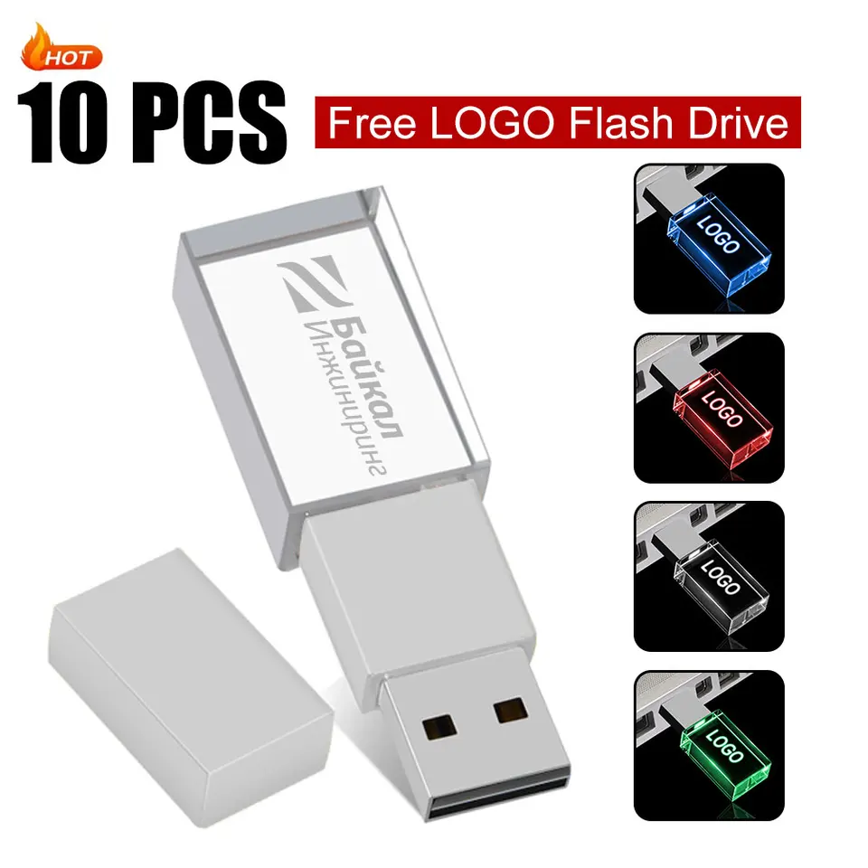 Nový Crystal USB Flash Drive s LED svetlom USB 2,0 4 GB 8 GB 16 GB 32 GB 64 GB Photography Gifts Darčeky Pendrive Custom Logo Per Drive 10ks