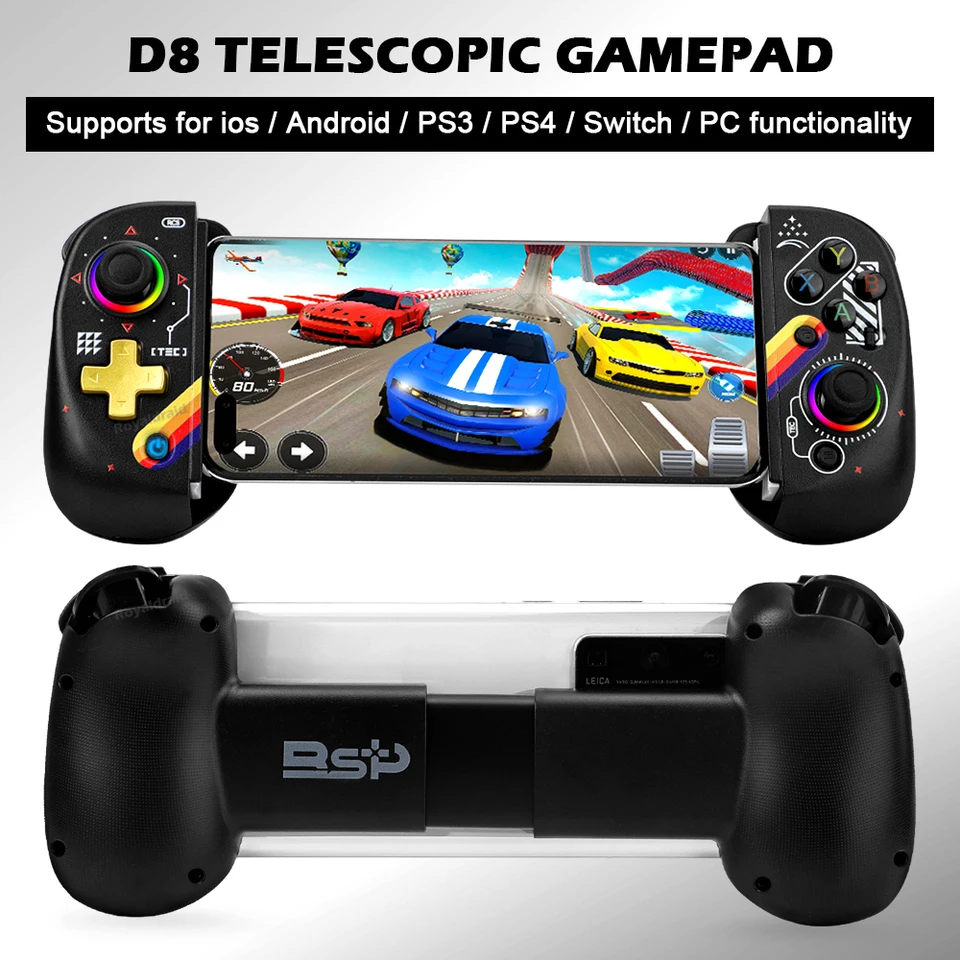 Nový D8 Wireless BT5.2 GamePad pre prepínač Tablet Tablet Teleskopický ovládač ovládača hier s spúšťačmi Light Hall RGB Light Hall
