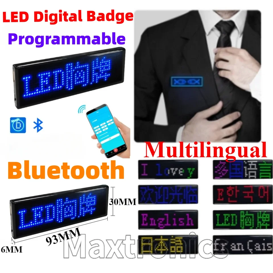 Nový DIY Viacjazyčný LED Digitálny odznak USB Bluetooth Programovateľný HD Názov textu Odznak odznak LED značky Zobrazenie modulu Zobrazenie svetla