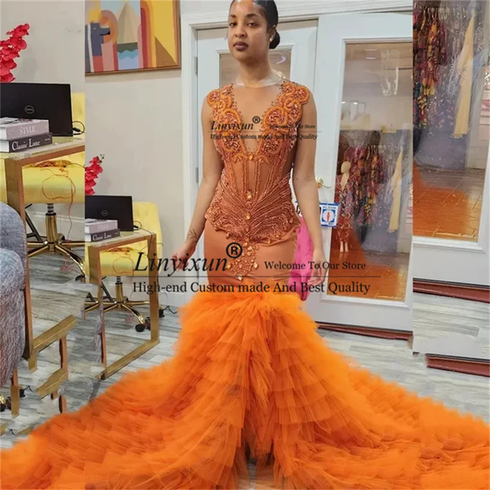 Nový dizajn iskrivý oranžový morský panna dlhé plesové šaty 2024 Sexy Glitter Crystals Party Gowns for Black Girls Robe de Bal