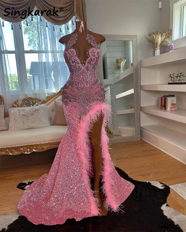 Nový dizajn ružové plesové šaty luxusné korálky kamienky Diamanty Diamonds perie Svadobné šaty robe del k narodeninovej oslave prispôsobené