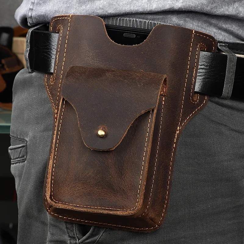 Nový dizajnový pásový taška Originálny kožený telefón Belt Baliek Crazy Horse Leather Pánske balenie Skutočné kožené taktické pasáž