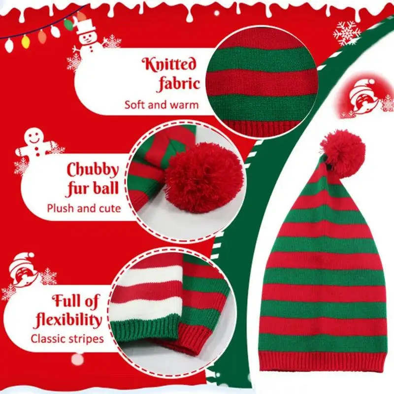 Nový dospelý vianočný pletený klobúk Elf Santa Beanies Claus Red Green Striped Crochet Merry Happy Rok