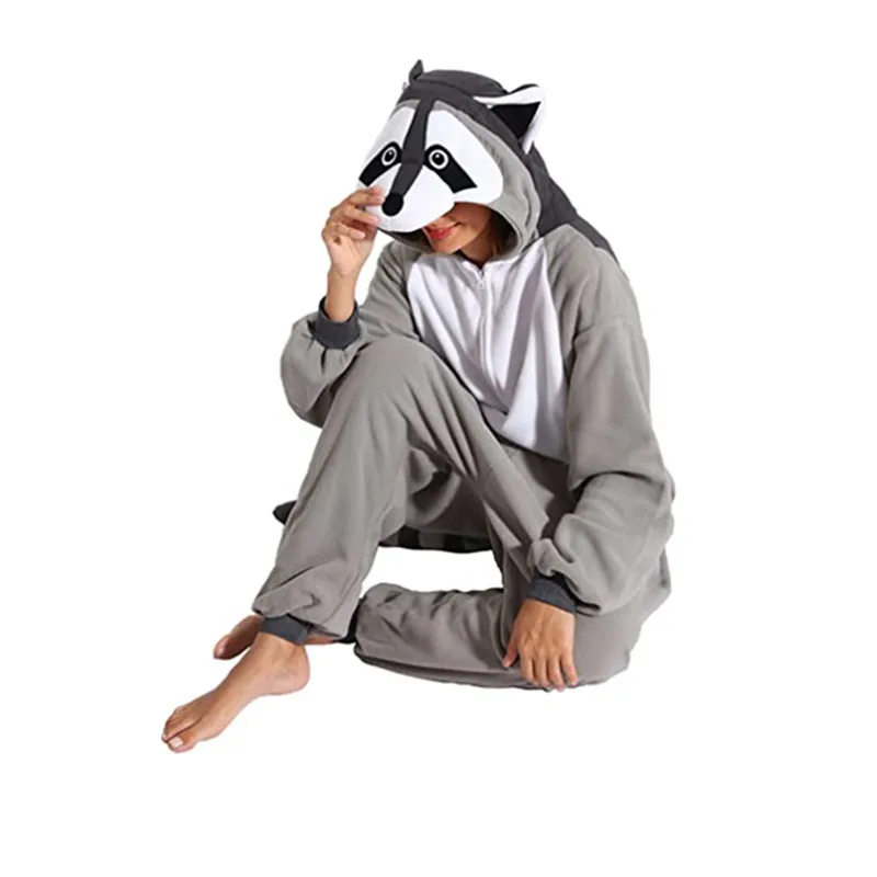Nový dospelý šedý mýval Kigurumi Onesie pyžamy teplé fleece zvierat racoon Panda Ženy Halloween Party Cosplay kostýmy pyžamá