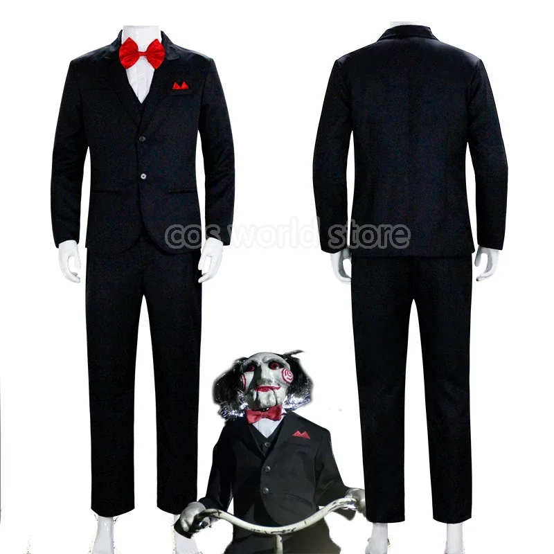 Nový film píla na reťazovú pílu masaker Jigsaw Puppet Cosplay kostým uniformy pre mužov kabáty vesty nohavice košeľa Halloween Party oblečenie