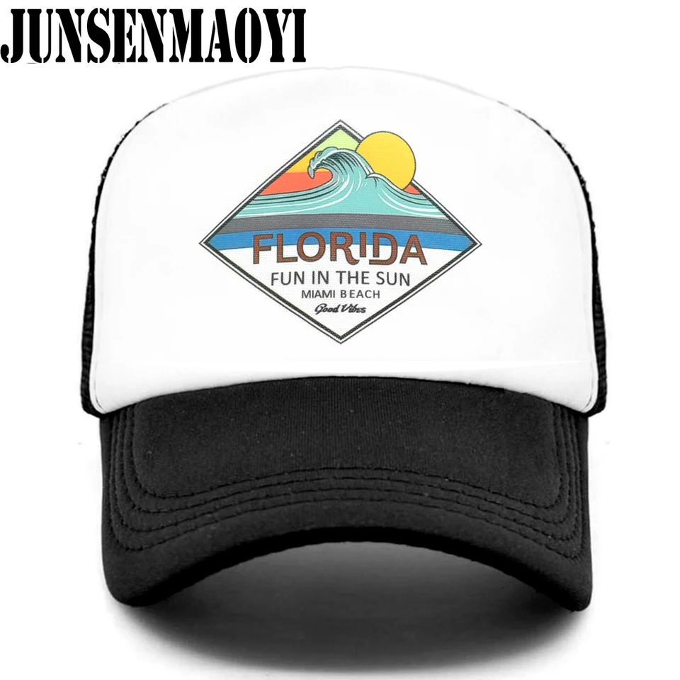 Nový Florida Trucker Cap Hat Miami Seaside Beach Mesh Cap Dovolenka SandBeach Sea Wave Surfing Hat Cap pre mužov Ženy mládež