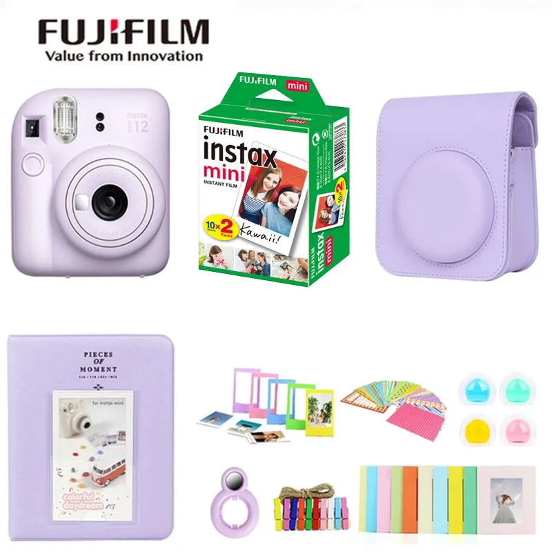 Nový fotoaparát Fujifilm Instax Mini 12 Originálny fotoaparát je dodávaný s nastavenou taškou s fotoaparátom s voliteľným fotografickým papierom Fuji Instax Mini Film