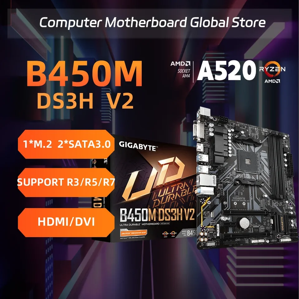 Nový Gigabyte GA B450M DS3H V2 Micro-ATX AMD B450 DDR4 3600 (OC) PCIE GEN3 X4 M.2 Dvojitý kanál Socket AM4