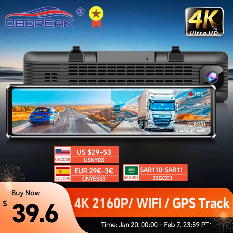 Nový H6 Dashcam 4K GPS WiFi Touch 11,26 palca Night Vision Car DVR DVR Dld Dash Čierna skrinka Video Recorder Camera Zadné zrkadlo