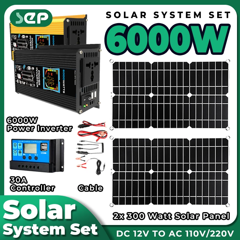 Nový invertor 6000W Solárny panel 2*300W 12 V Prenosný solárny generátor Power Bank 30A Controller Kit Solar for Home Camping Station