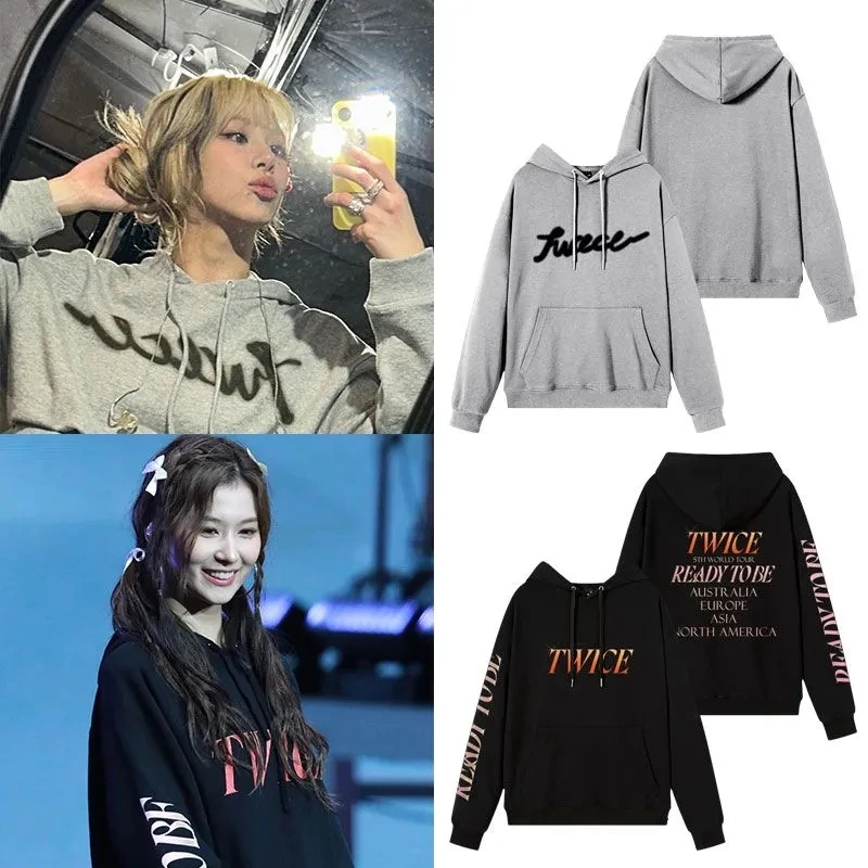 Nový jar KPOP Dvakrát pripravený na turné vokálny koncert rovnaký s kapucňou s dlhým rukávom bavlnená makina Y2K nadmerne