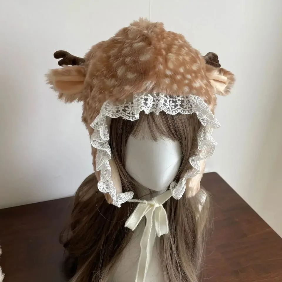 Nový kawaii čipkovaný zimný klobúk faux kožušinový plyšový sob chlpaté topánky Ponožky pokrývajúce gotickú čiapku ohrievače nôh Performance Kostým bombardér bombardér