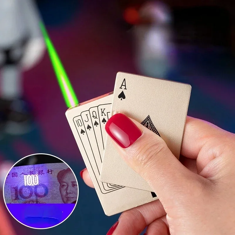 Nový kreatívny prúdový pochodok Green Flame Poker Lighter Metal Windproof Hrací karta Zapaľovač vtipné hračky fajčiarske doplnky Pánsky darček