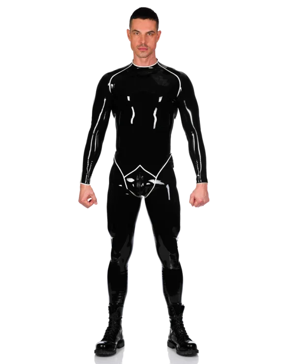 Nový latex 100% gumová kašetra čierna pekná kombinéza strieborná závodná oblek Cosplay veľkosť xs-xxl 0,4 mm