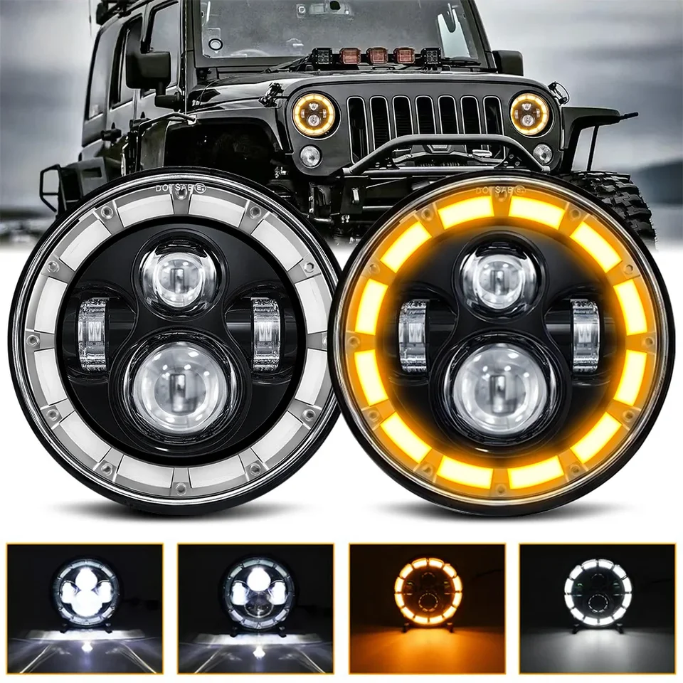 Nový LED svetlomet Wrangler 7 -palcový okrúhly svetlomet pre JK Halley Jeep 200W 30000LM H4 Angel Eyes 6000K/3500K Universal Svetlomet