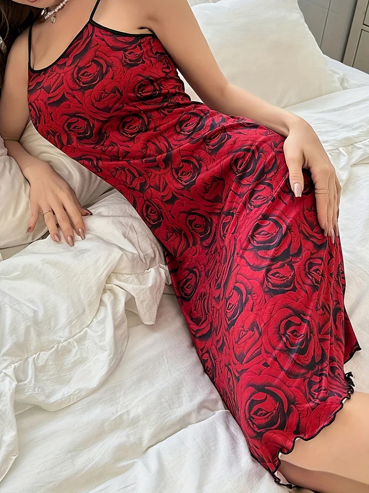 Nový letný predaj v Európe a Spojené štáty americké dámy Rose potlač červenú strednú dĺžku Sexy drevené ušné mlieko hodvábne praky nočné košele