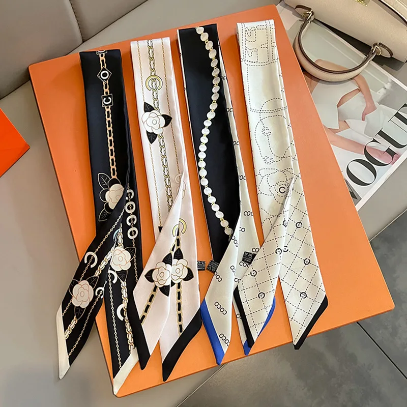 Nový luxus 5*85 cm štíhly model Temperament Malé šatky dlhé hodvábne šatky Hair Band Dámske dámske obojstranný streamer
