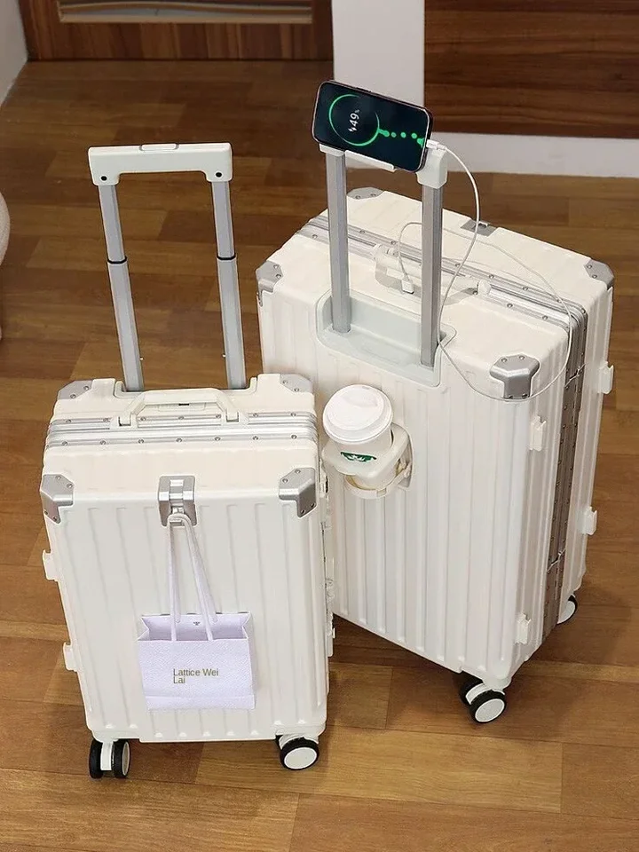 Nový módny dopravca 26-palcový kufr s USB nabíjačkou batožinová batožina hliníkový rám kabíny Trolley Case Cestovné tašky Spinner Wheels 20 ''