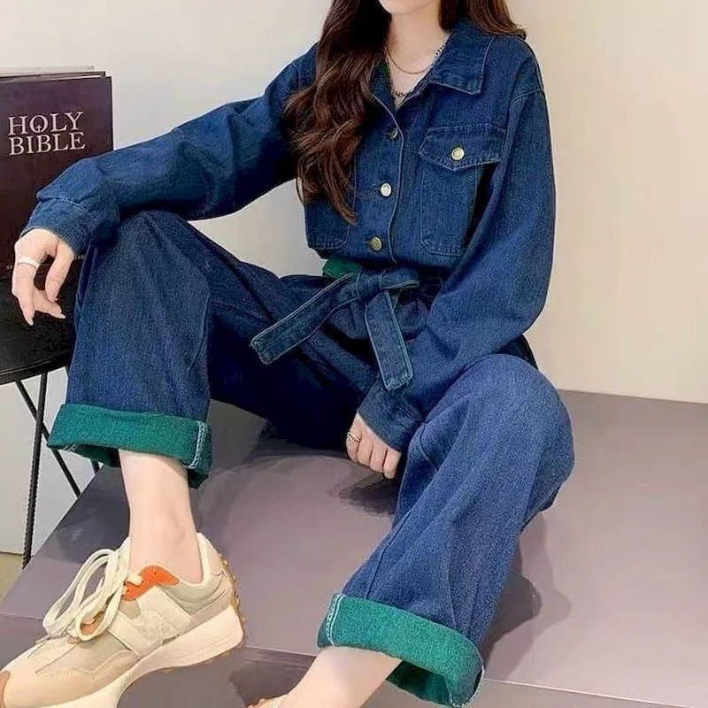 Nový módny džínsový kombinéza obleky Ženy modrý denim s dlhým rukávom, farebný šitie Vysoký pás Veľká veľkosť neformálne jednostupne oblečenie Ženy