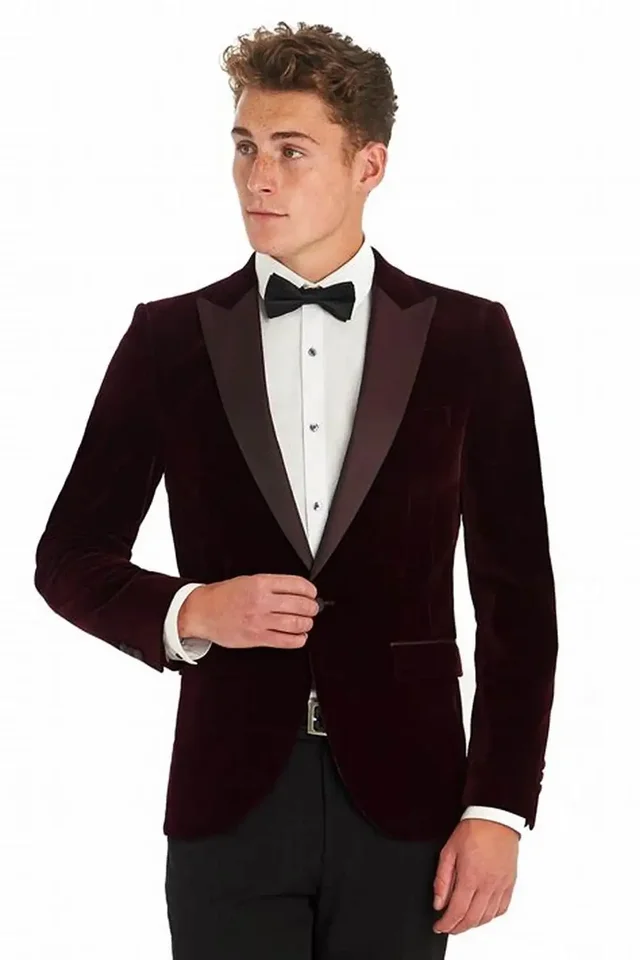 Nový módny oblek Coat Pánske fit burgundské zamatové elegantné luxusné sako s kabátom Business Cast Svadba plus oblek S-6XL