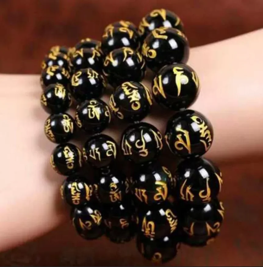 Nový náramok na šperky 8/10/12 mm Tibetan Black Achate Castry Mantra om Mani Padme Padme Hum Amulet Amulet náramok