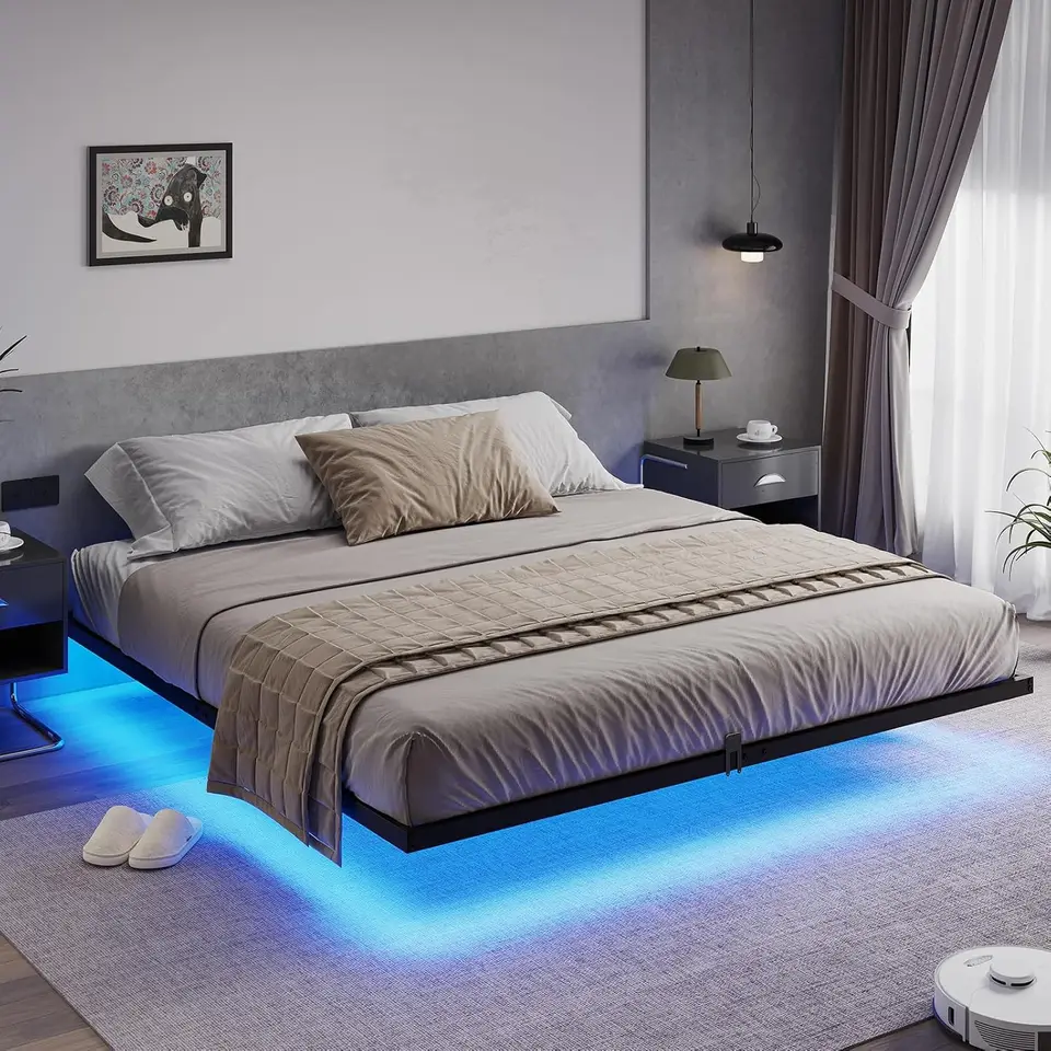 Nový plávajúci posteľový rámec King Veľkosť s LED svetlami, kovová plošina King Bed, žiadna pružina, ktorá je potrebná, ľahko sa zostavuje (kráľ)
