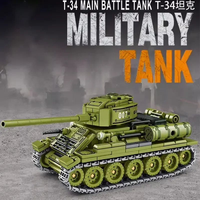 Nový príchod detských stavebných blokov Sovietsky model T34 Tank Model Stredne obrnené vozidlo Úžasný chlapec Zostavenie hračiek s dovolenkovými darčekmi