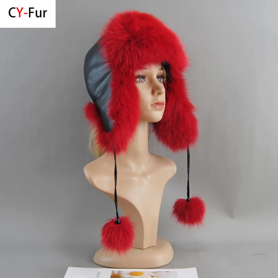 Nový príchod kožušinový klobúk pre ženy Prírodná mývala líška Fox Russian Ushanka Hat Winter Husté teplé uši móda skutočné líšky kožušina bombardérová čiapka