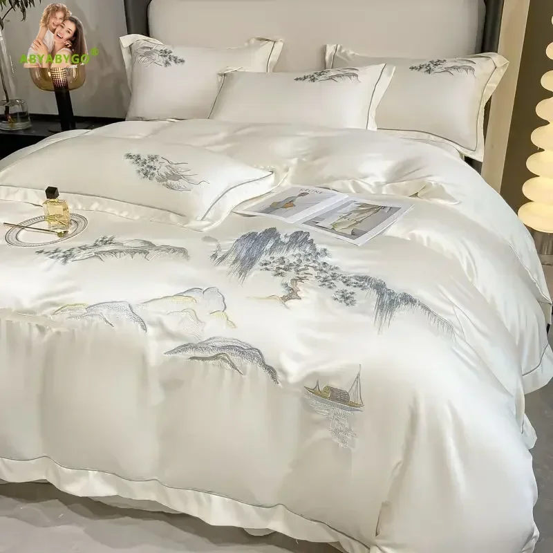 Nový príchod čínsky štýl Krajina výšivka posteľná súprava Luxusná hodvábna prikrývka kryt prikrývky sada Soft lôžko vankúše vankúš