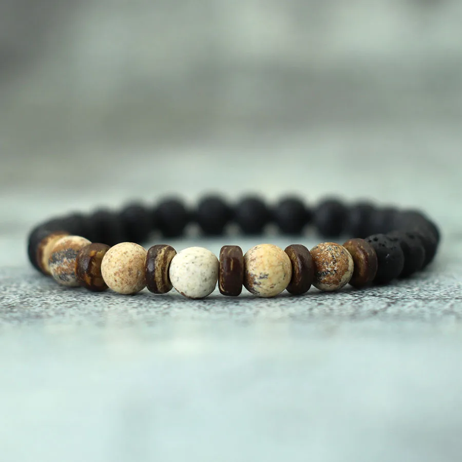 Nový prírodný drevený náramok pre mužov Meditácia hojenie Braslet Volkanický skalný brúsok Gemstone Stretch korálkový brazalete pulzera