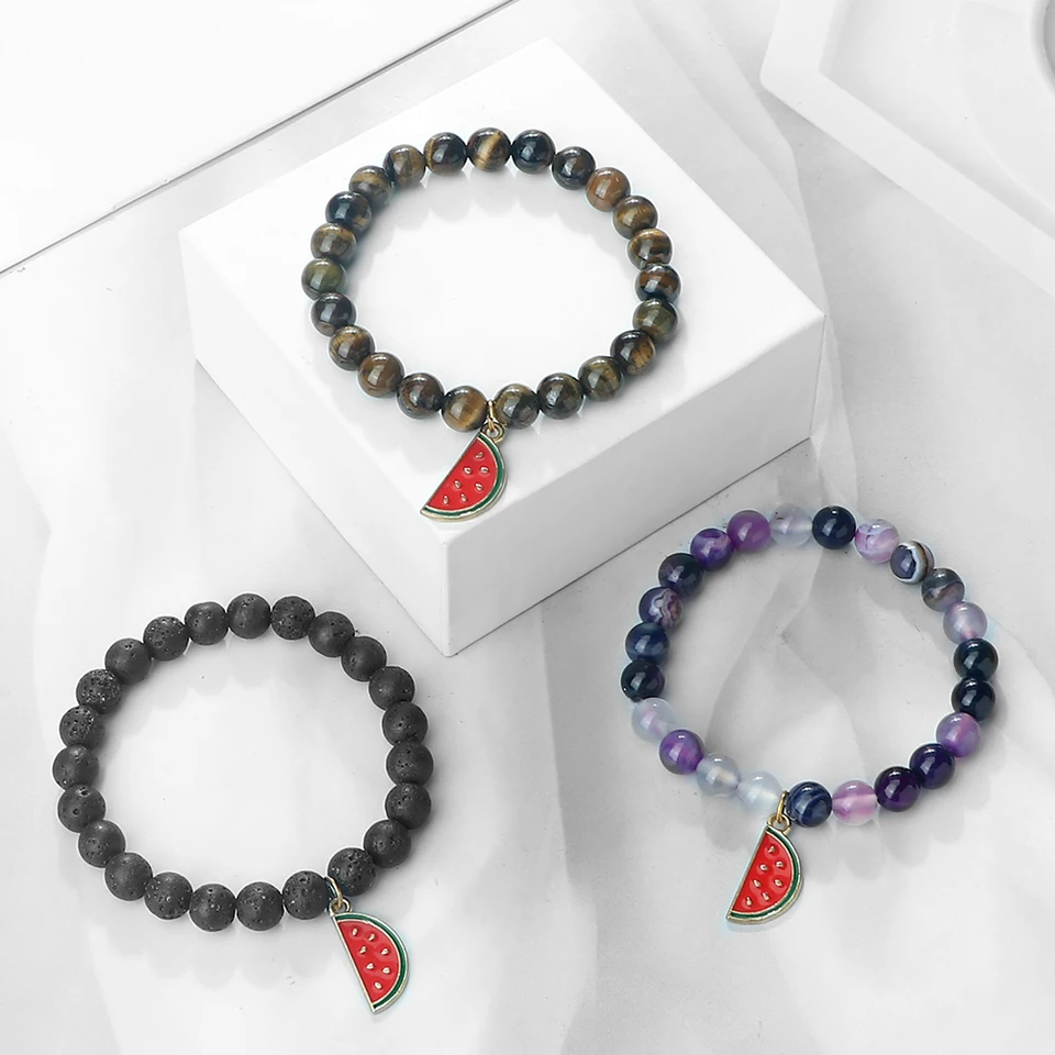 Nový prírodný tigrový očný kamenný náramok kúzla Watermelon Pendant Black Lava Agate Malachit Korálkové náramky Ženy Men Men Jóga šperky