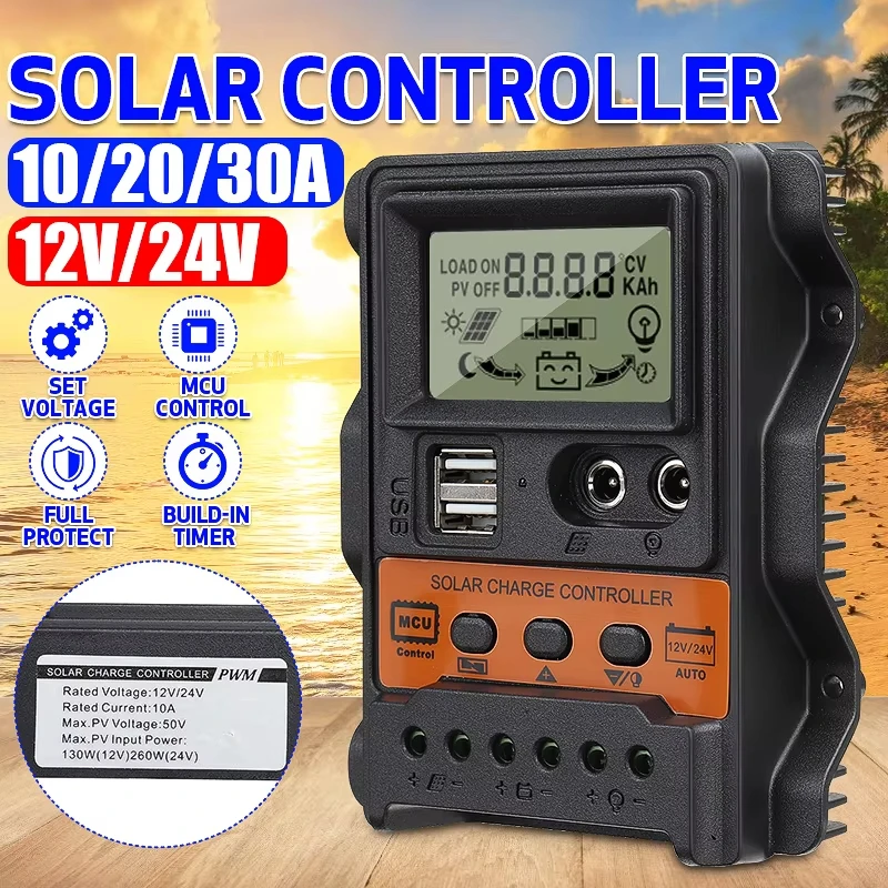 Nový radič solárneho náboja PWM radič s LCD displejom 10a 20a 30a 12v 24v Dual USB 5V výstupný solárny panel