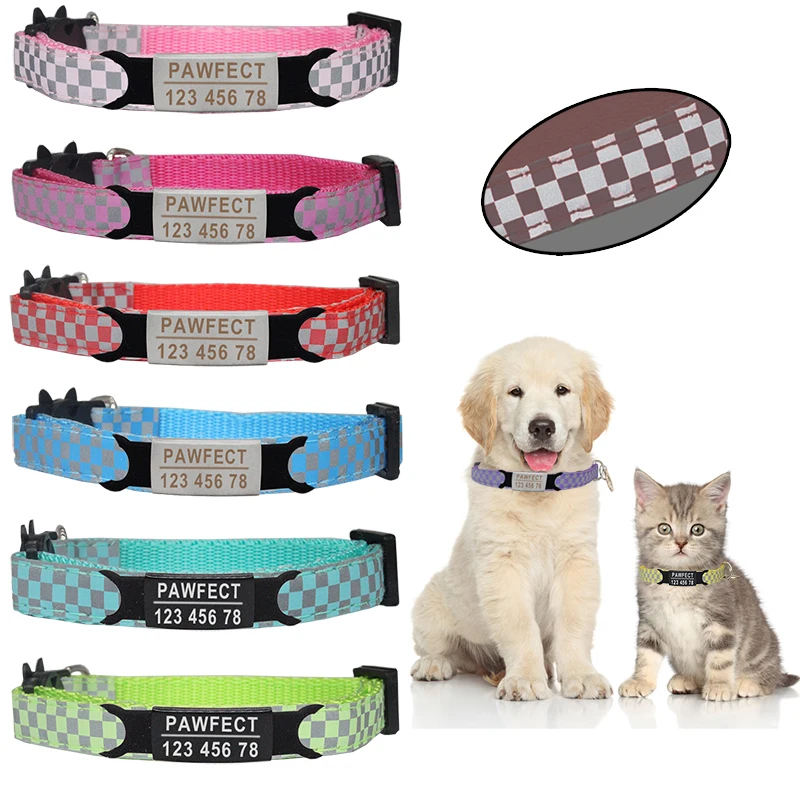 Nový reflexný plaid Pet Colar Custom Personalizované ID zadarmo gravírovanie Cat nylon nastaviteľný pre náhrdelník mačiatok šteňa