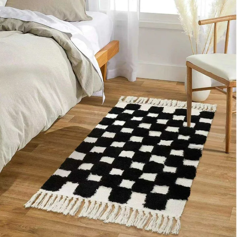 Nový retro nordický štýl Tassel Carpet, bavlnené vlákno, trojrozmerný chumáč, spálňa, rohož, ručne vyrábaný dekoratívny koberec