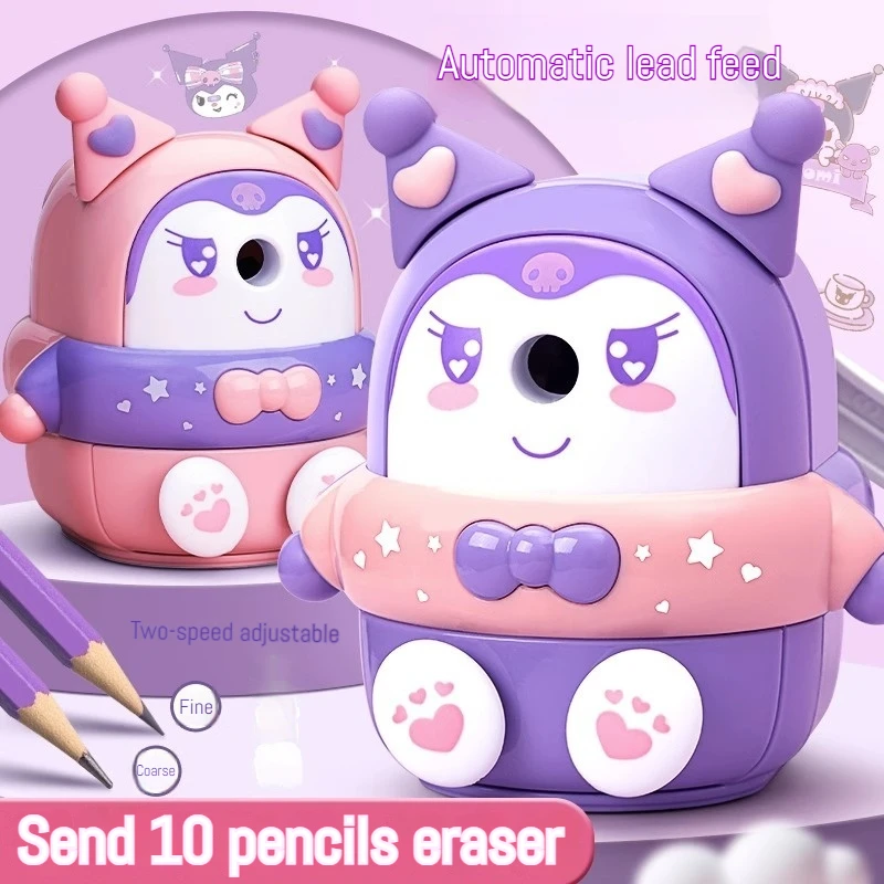 Nový ručne ručne kruhovaný orezávač ceruzky Kuromi anime karikatúra Kawaii Elementary School Automatický orezávač ceruzky
