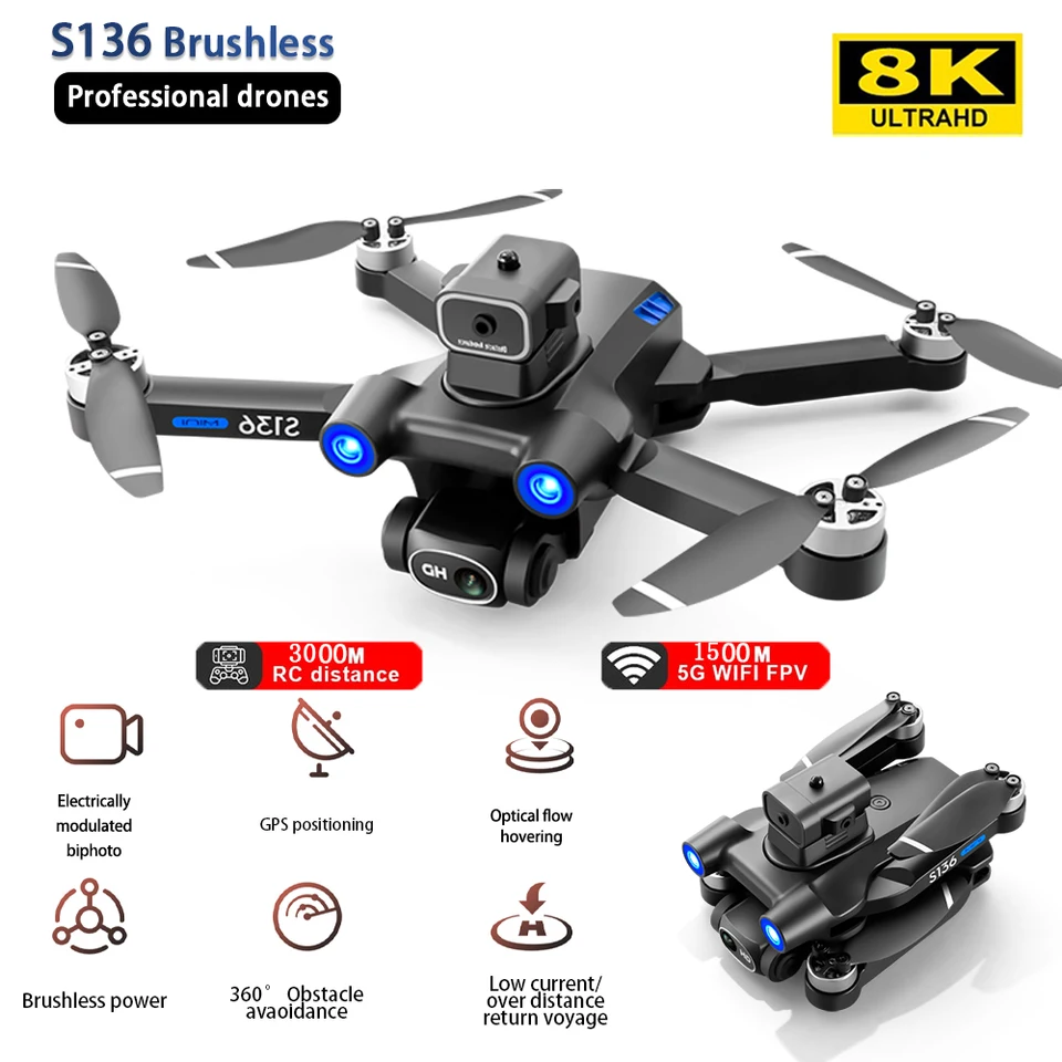 Nový S136 Brushless Drone 8K Dual Camera Quadcopter laserová prekážka vyhýbanie