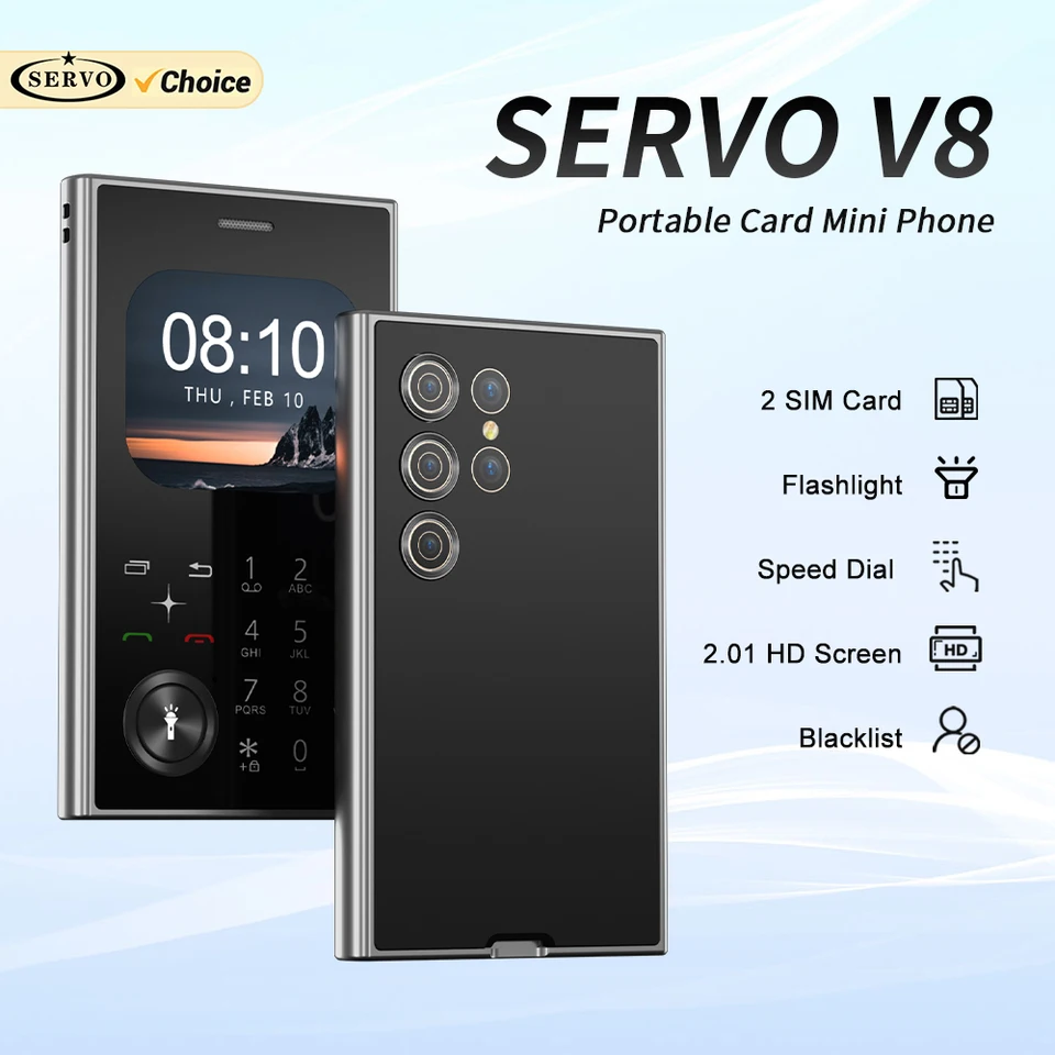 Nový servo v8 karta mobilný telefón 2G GSM FM Radio Magic Voice MP3 Player Dual SIM Funkčný funkčný malý mobilný telefón konektor