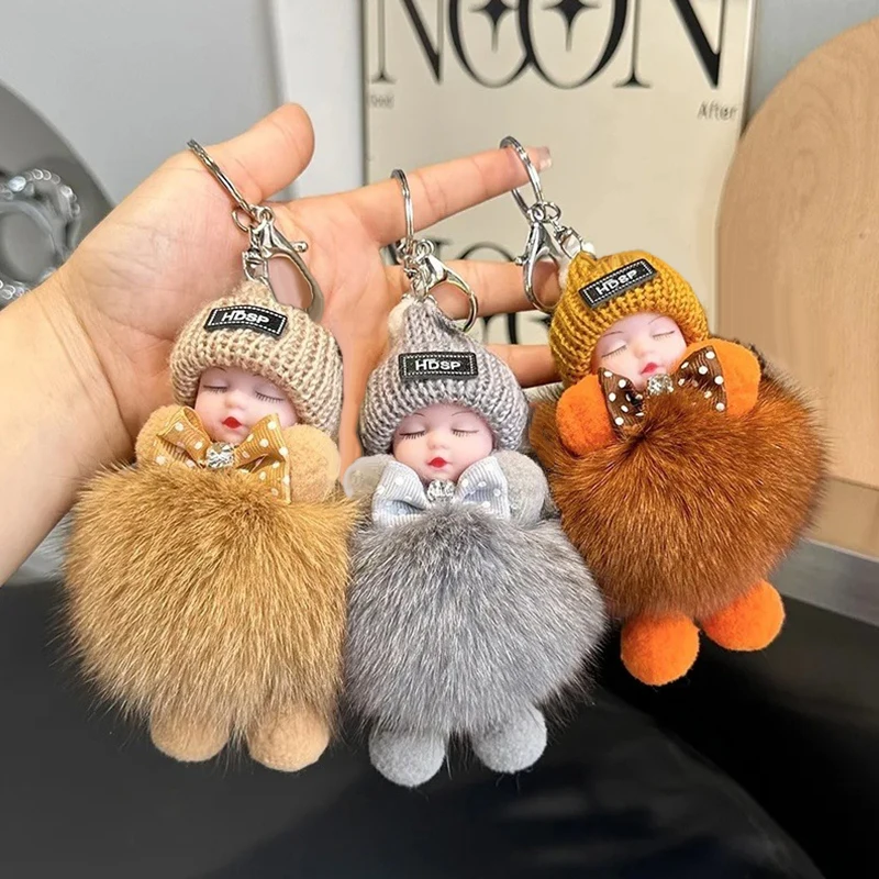 Nový spiaci detský prsteň Ženy Žena Fluffy plyšové kľúče faux králičie kožušinové keyring