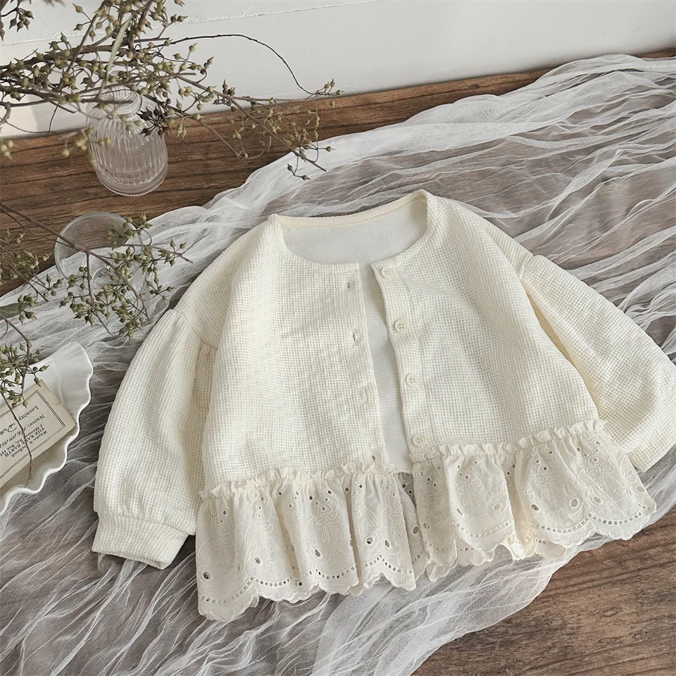 Nový spring detský kabát masívny farebný pid Plaid Puff Ruckve 0-3Y Girls Cardigan Cute Lace Patchwork Toddler Kids tenký štýl Outwear