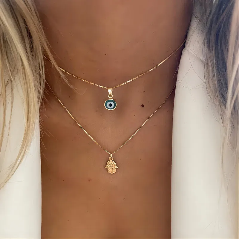 Nový trend zlatý farebný box retiazky zlo Evil Eye Palm Palm Náhrdelník