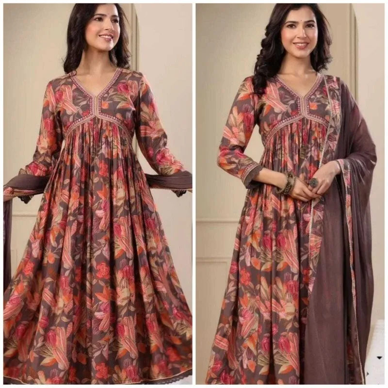 Nový trendový festival Špeciálny Anarkali tlačený dlhý šaty Kurti nohavice dupatta set
